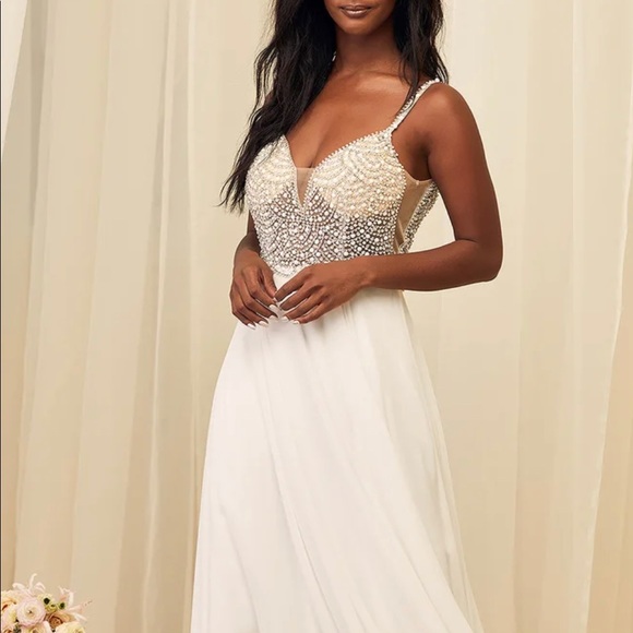 White Beaded Rhinestone Maxi Dress - Picture 4 of 7
